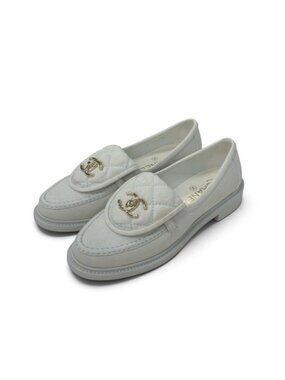 Chanel Loafers Leather Shoes Canvas Light Blue Gold CC Logo Turnlock